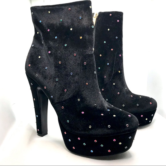 Kurt Geiger Shoes - KURT GEIGER LONDON BLACK VELVET SPEAR WITH COLORFUL STUDS PLATFORM BOOTIES (39)